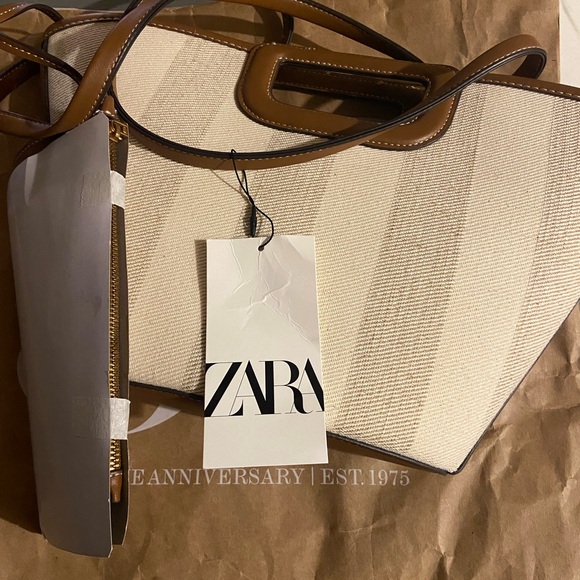 Zara Elegant Cream and Tan Tote - Picture 1 of 7